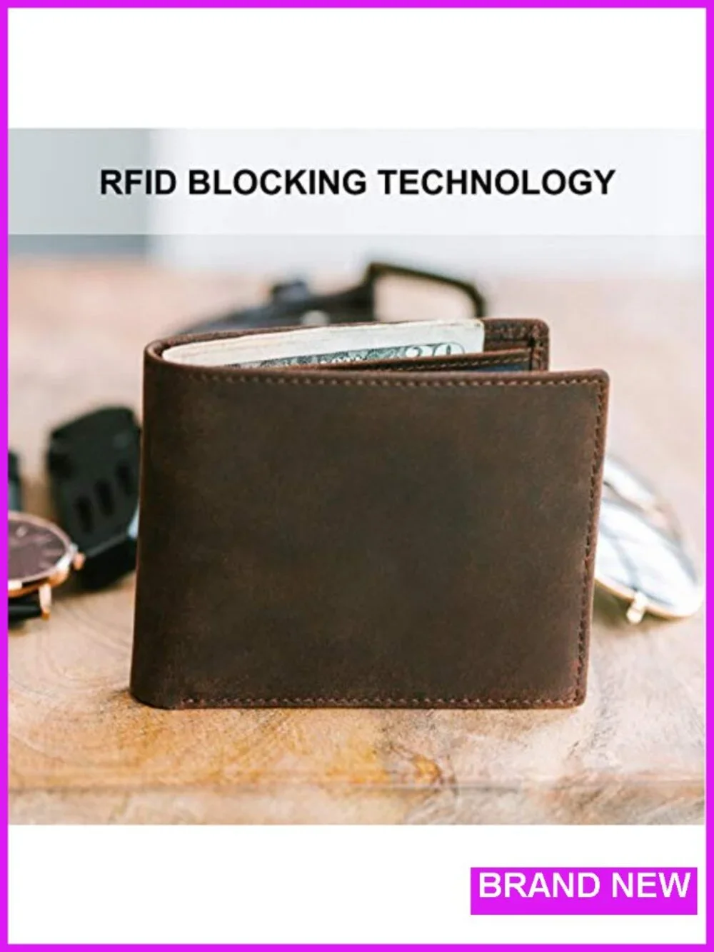 Top Grain Leather Bifold Wallet RFID Blocking Extra Capacity 8 Card Slots